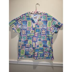 Crest Blue Geometric Cotton Scrub Purple Comfy V Neck Top Shirt Women's M Medium